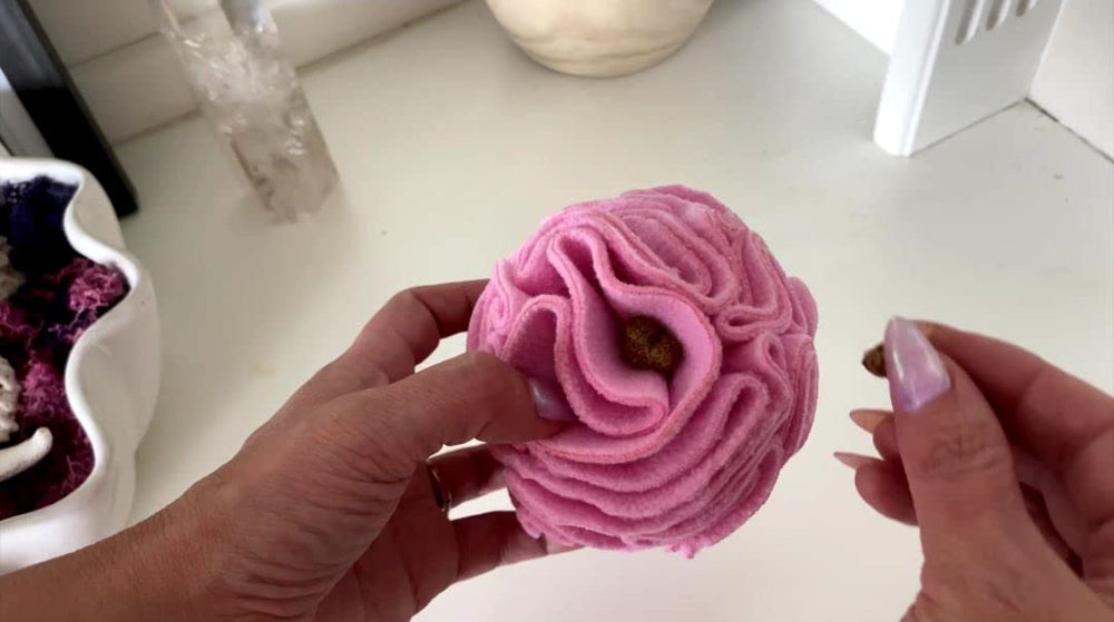 Glory To Dog Snuffle Ball Pink fosters problem solving as treats hide in folds.