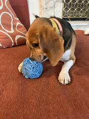 Glory To Dog snuffle ball side view, small breed puzzle boosts scent exploration.