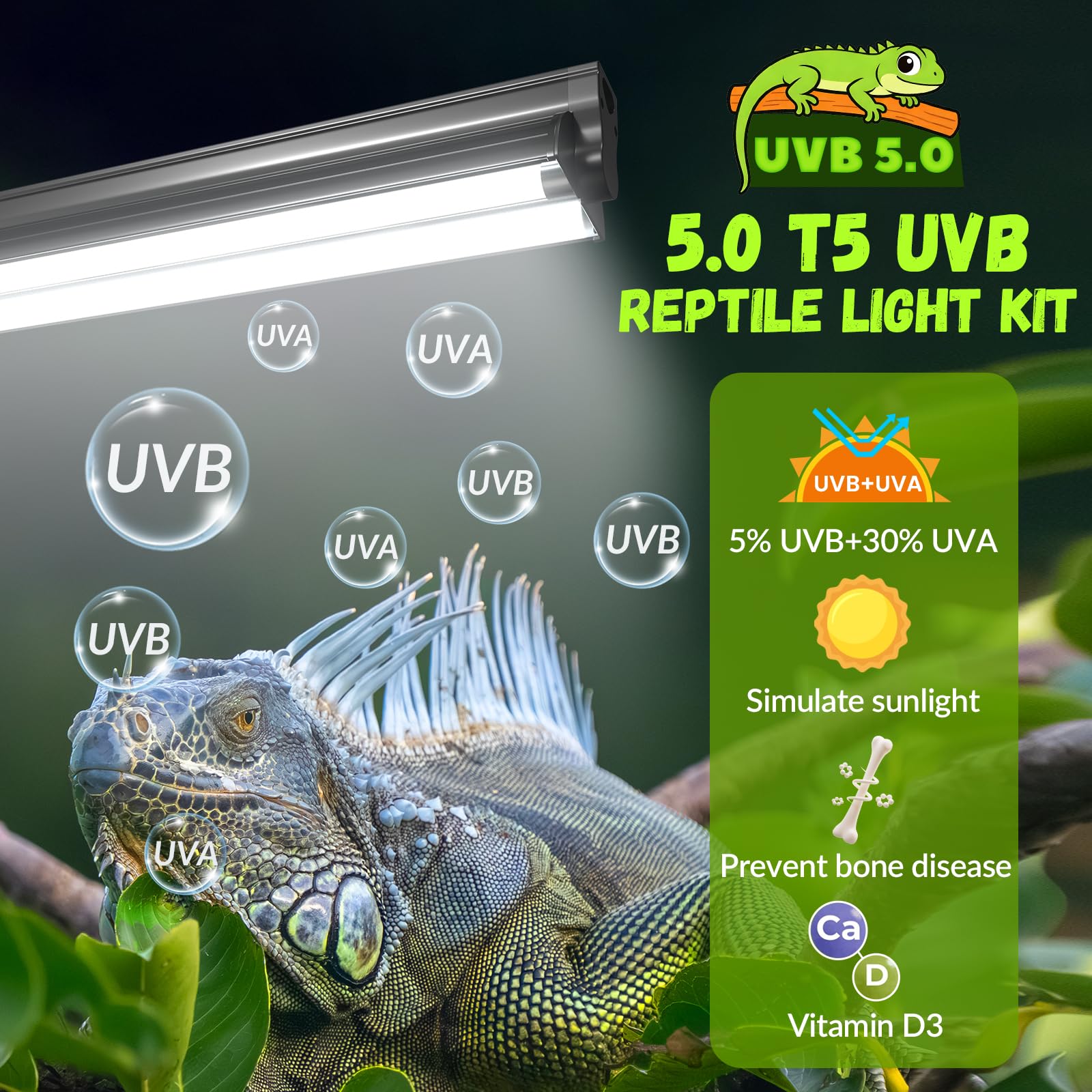 GlowUp 22inch T5 UVB kit, side view, supports daily reptile lighting.
