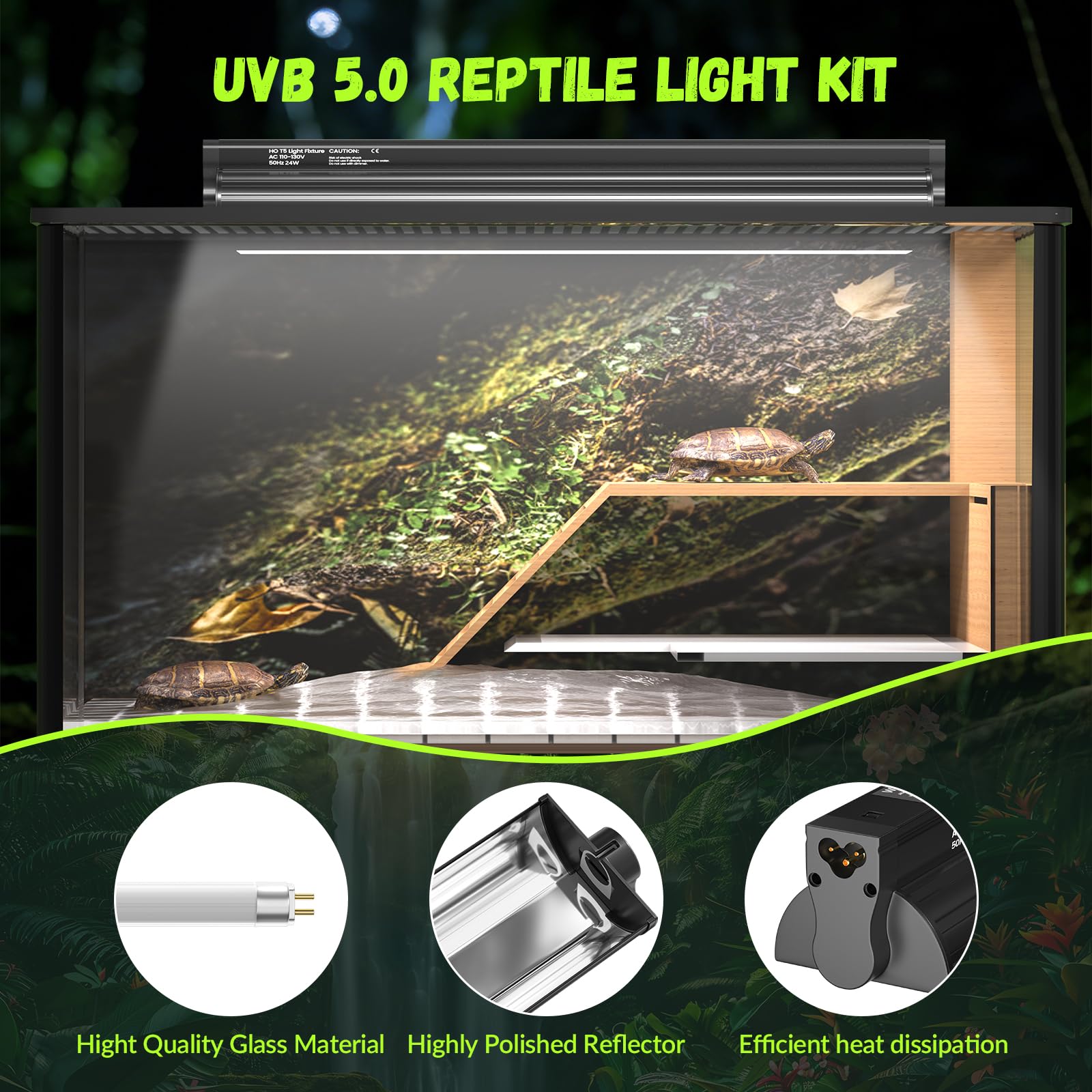GlowUp T5 UVB kit, terrarium installation, safe and simple to mount.