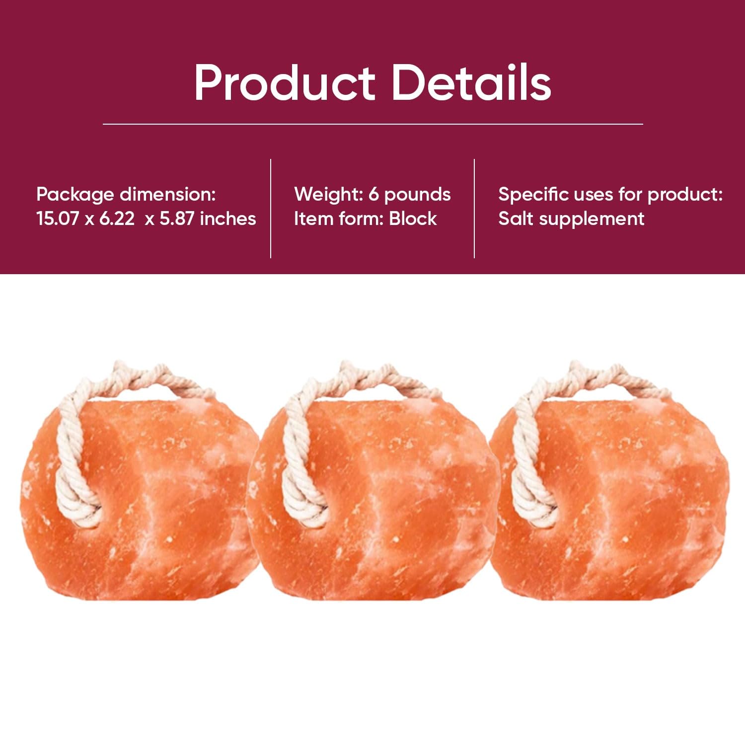 Durable 3-pack Glowyn Pink salt blocks on rope.