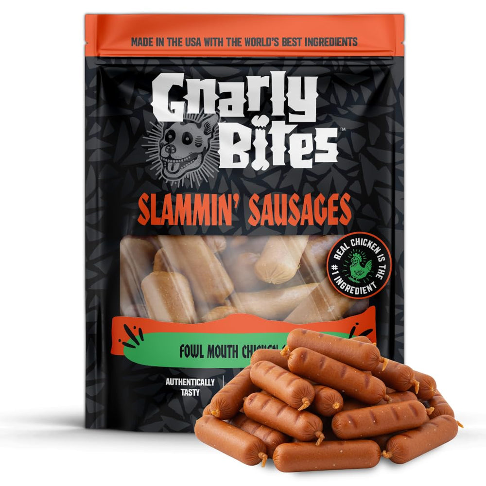 Gnarly Bites Slammin Sausage Dog Treats real chicken ingredient as a tasty reward.