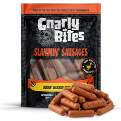 Gnarly Bites Slammin Sausage Dog Treats with real duck, flavorful reward.