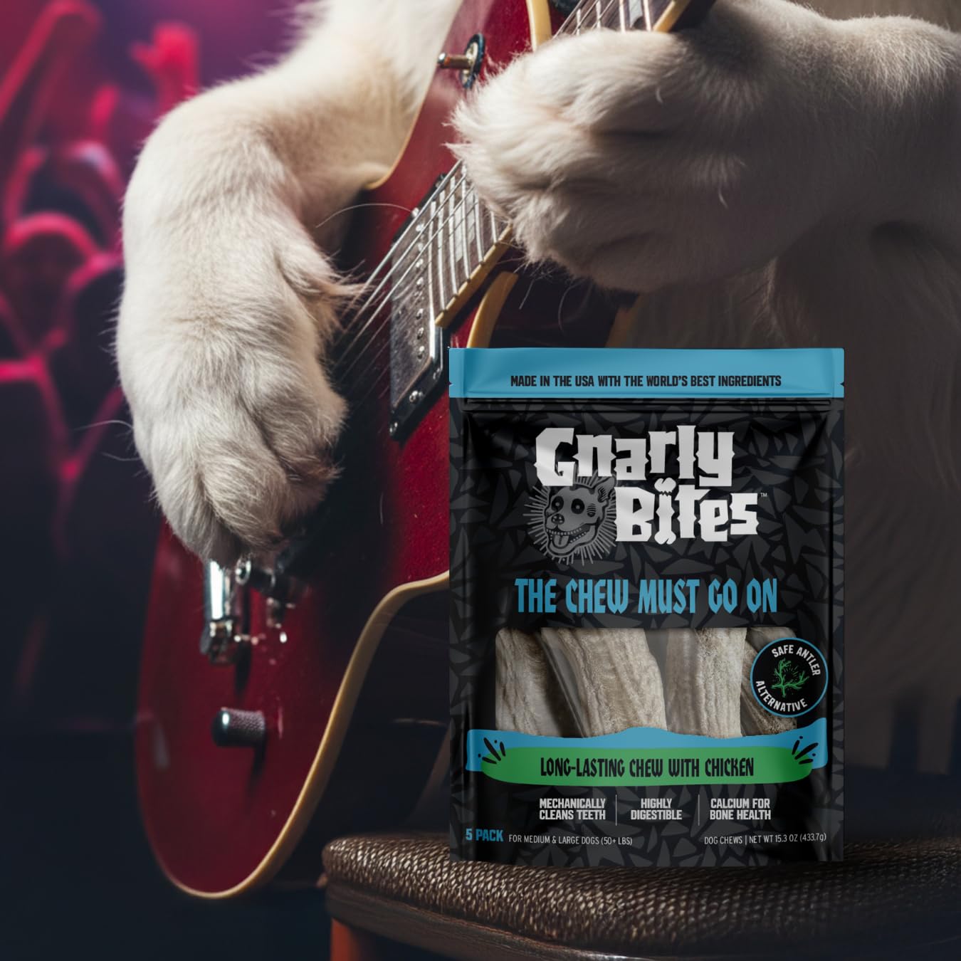Gnarly Bites The Chew Must Go On dog enjoying chew with content expression