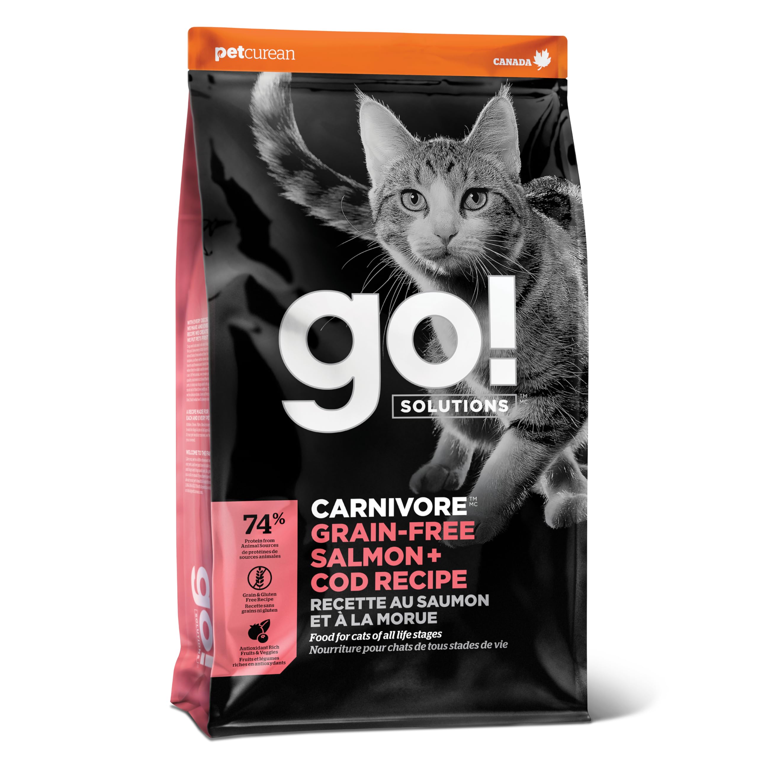 Go! Solutions Carnivore Salmon + Cod dry cat food bag emphasizes high-protein nutrition for lean muscles
