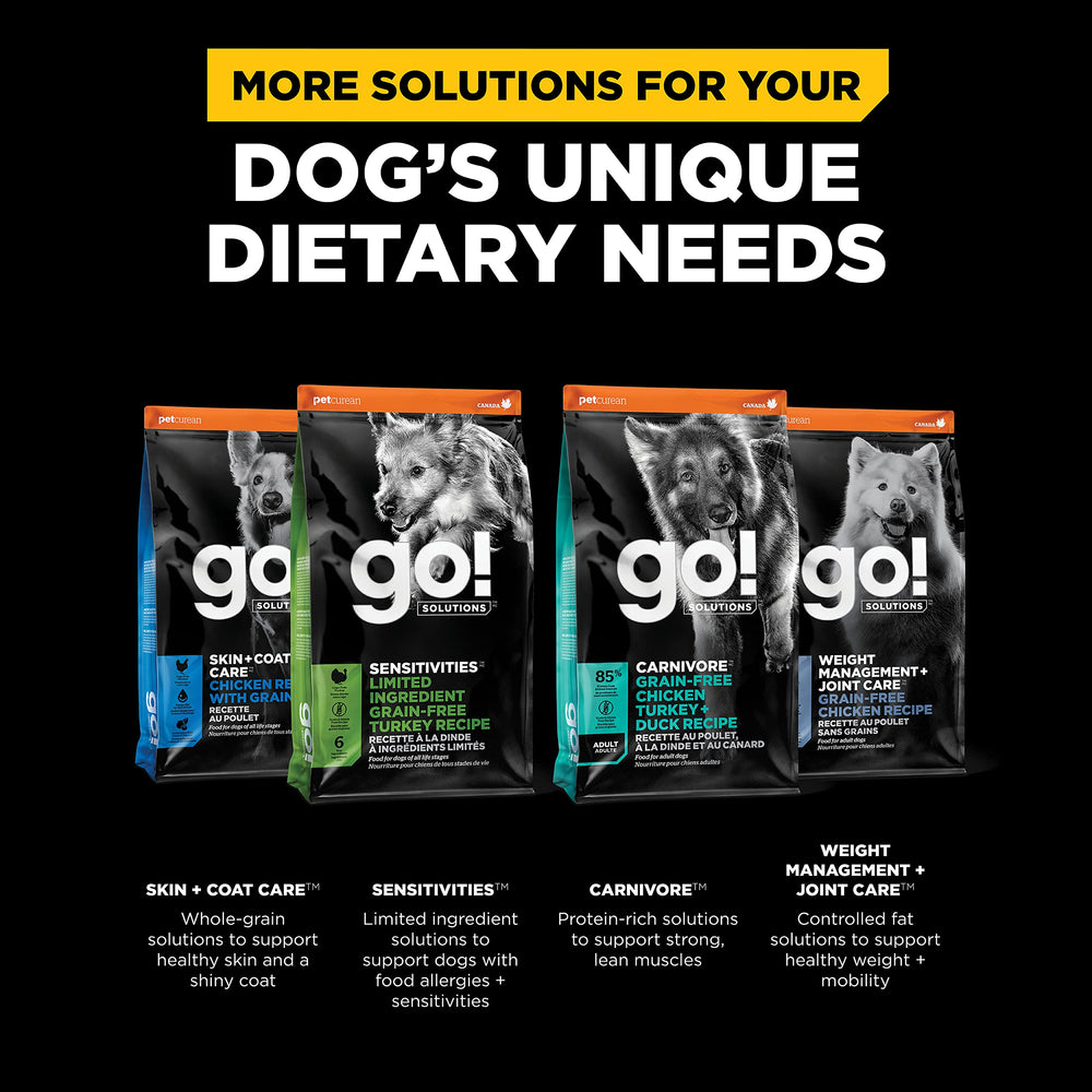 Go! Solutions complete nutrition for puppies, adults, and seniors across all breeds.