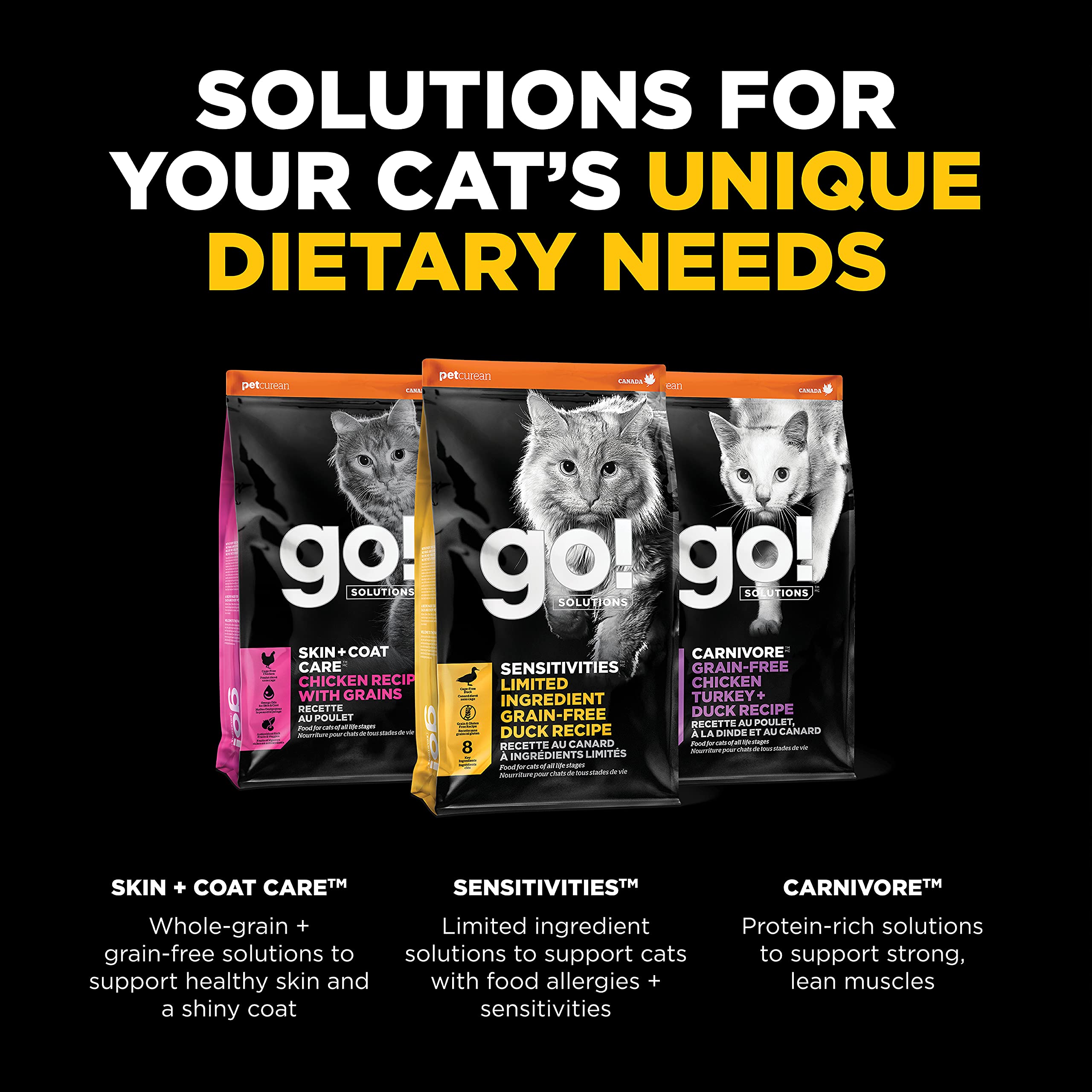 Go! Solutions grain-free formulation suitable for all life stages from kitten to senior