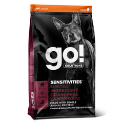 Go! Solutions Sensitivities Lamb dry dog food bag front highlights grain-free, chicken-free formula for sensitive stomachs