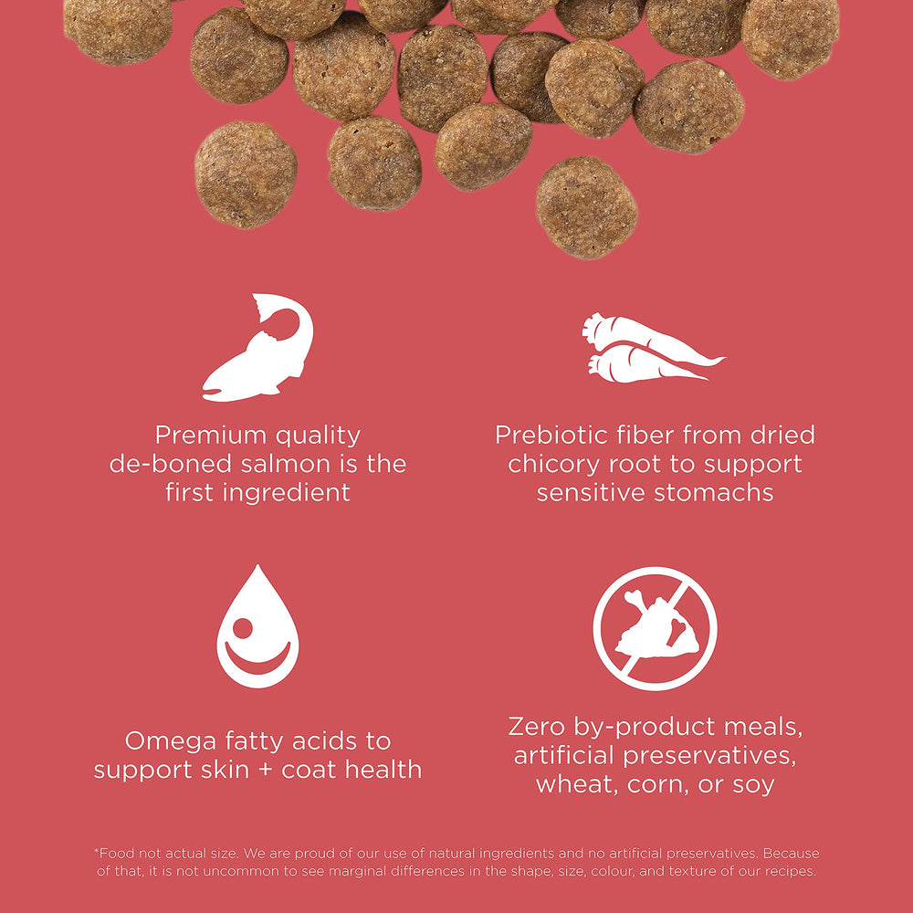 Ingredients panel on Go! Solutions Sensitivities salmon kibble highlights single-protein formula