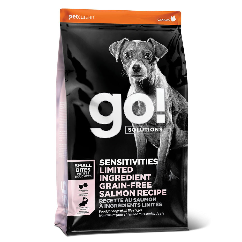 Go! Solutions Sensitivities salmon kibble bag front grain-free formulation.
