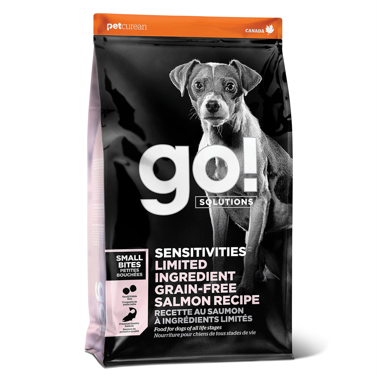 Go! Solutions Sensitivities salmon kibble bag front grain-free formulation.