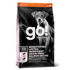 Go! Solutions Sensitivities salmon kibble bag front grain-free formulation.