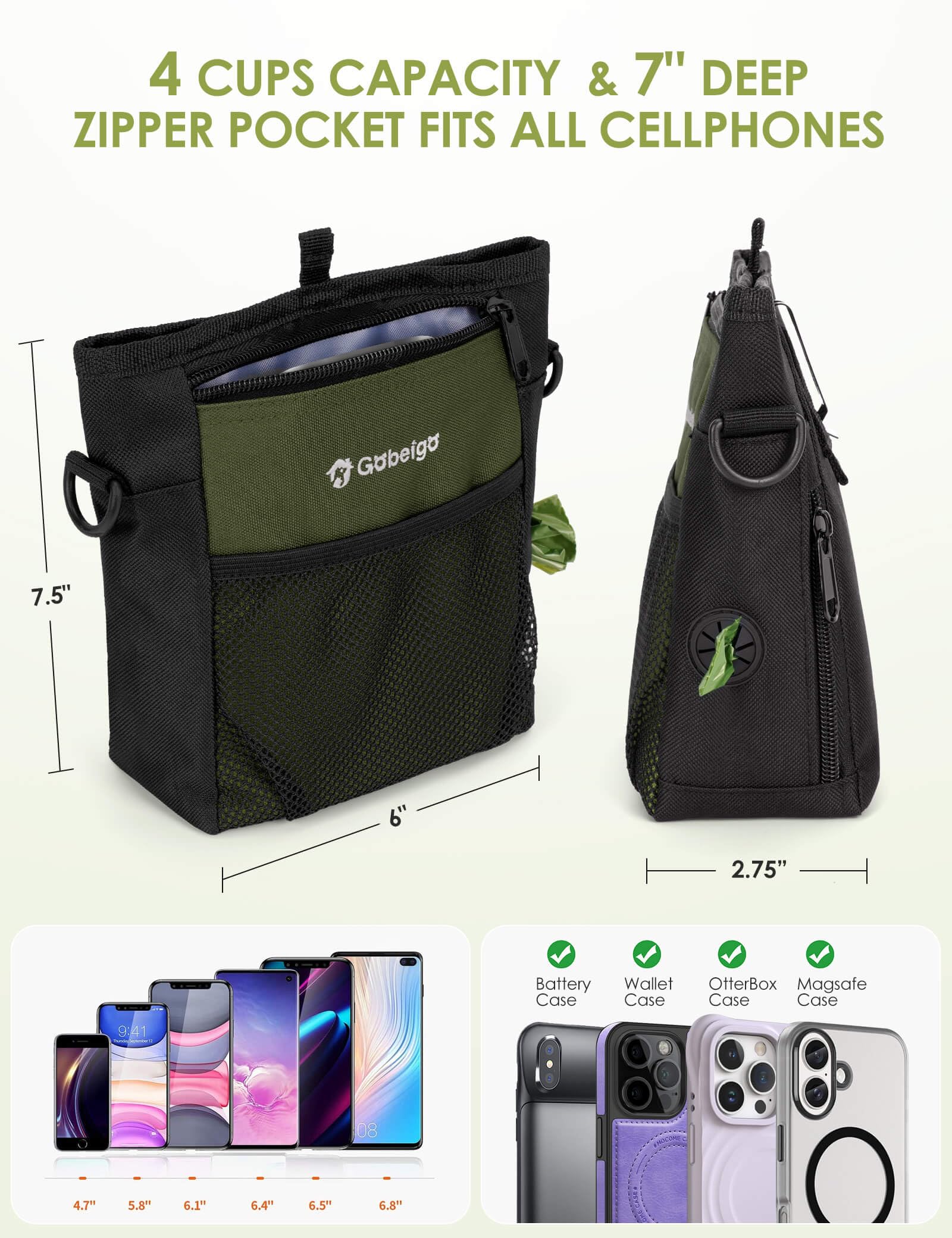 Front zipper pocket fits phone and keys for quick access.