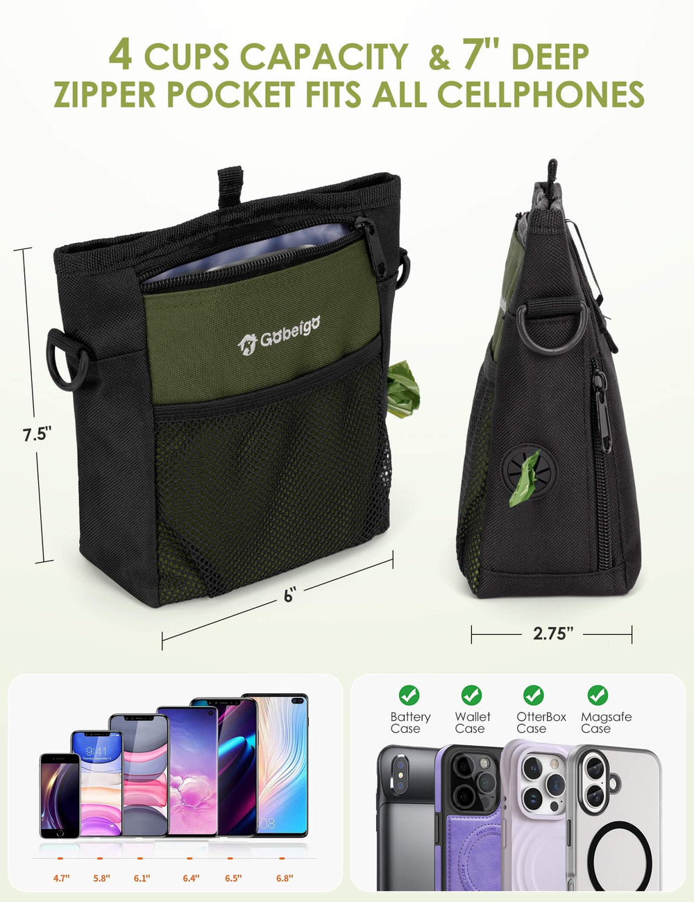 Front zipper pocket fits phone and keys for quick access.