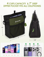 Front zipper pocket fits phone and keys for quick access.