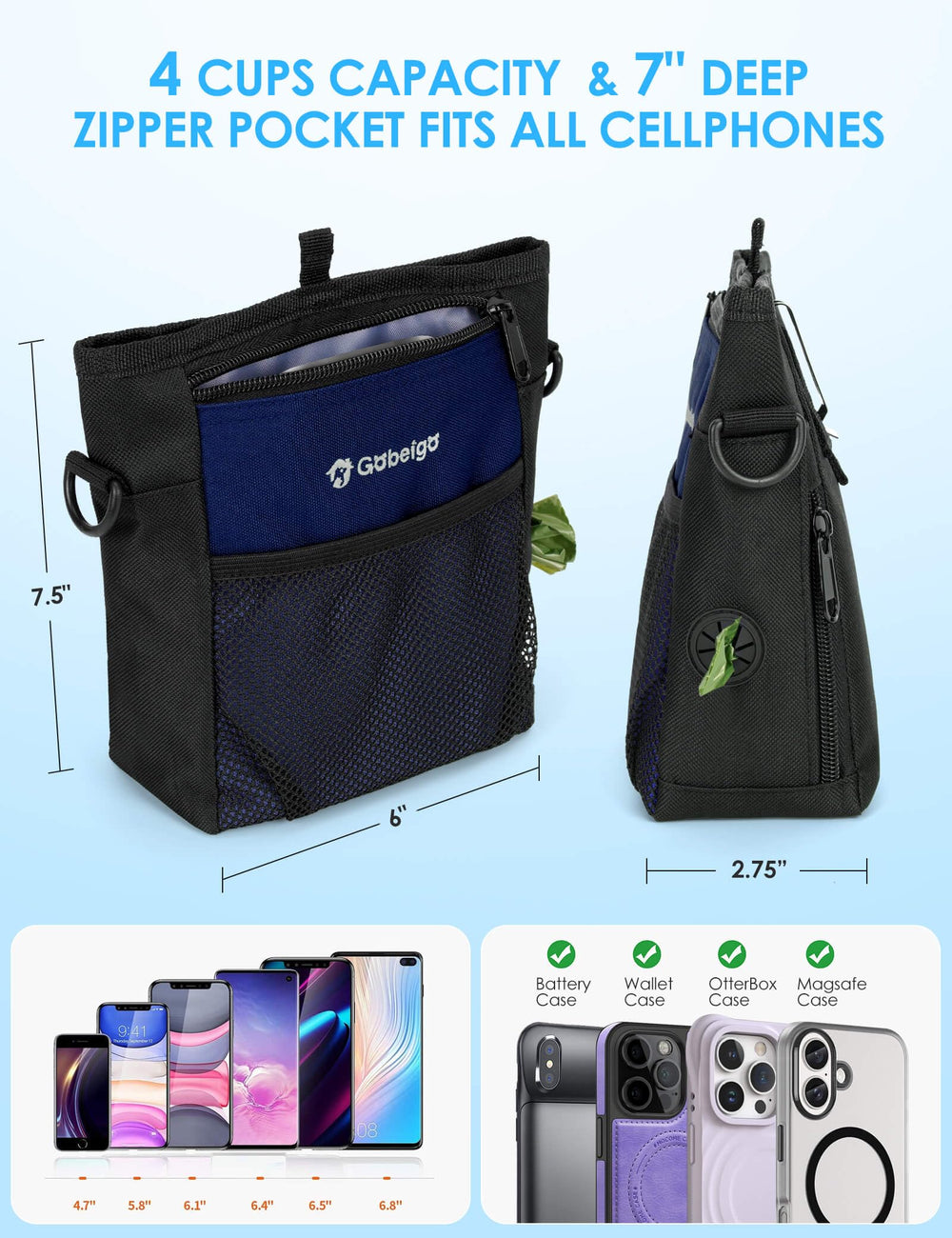 Gobeigo dog treat pouch front zip pocket holds phone and keys