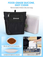 Gobeigo treat pouch magnet closure showing auto close design prevents spills during bending.