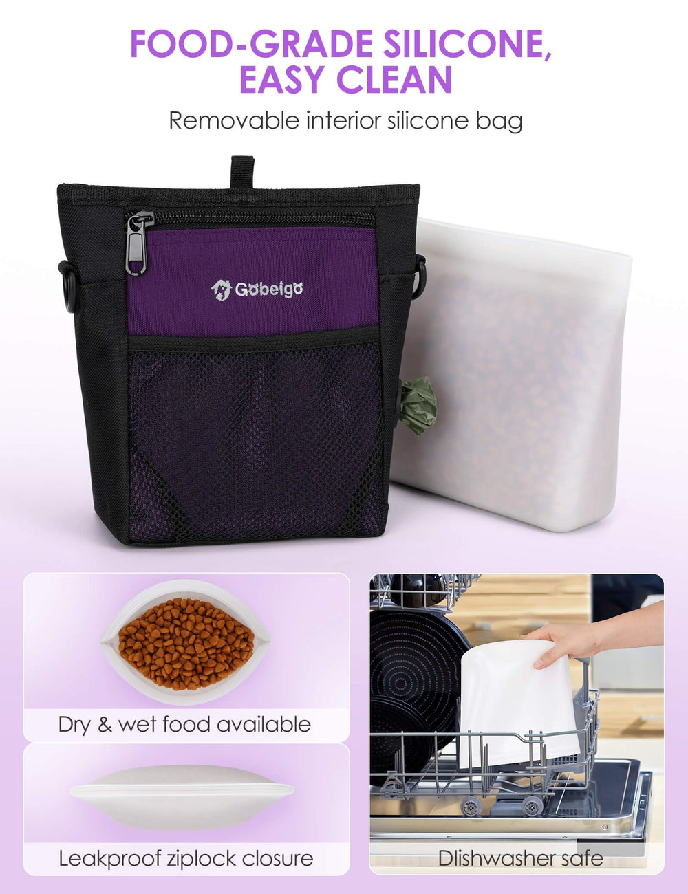 Gobeigo treat pouch highlighting the sealable silicone insert for freshness.