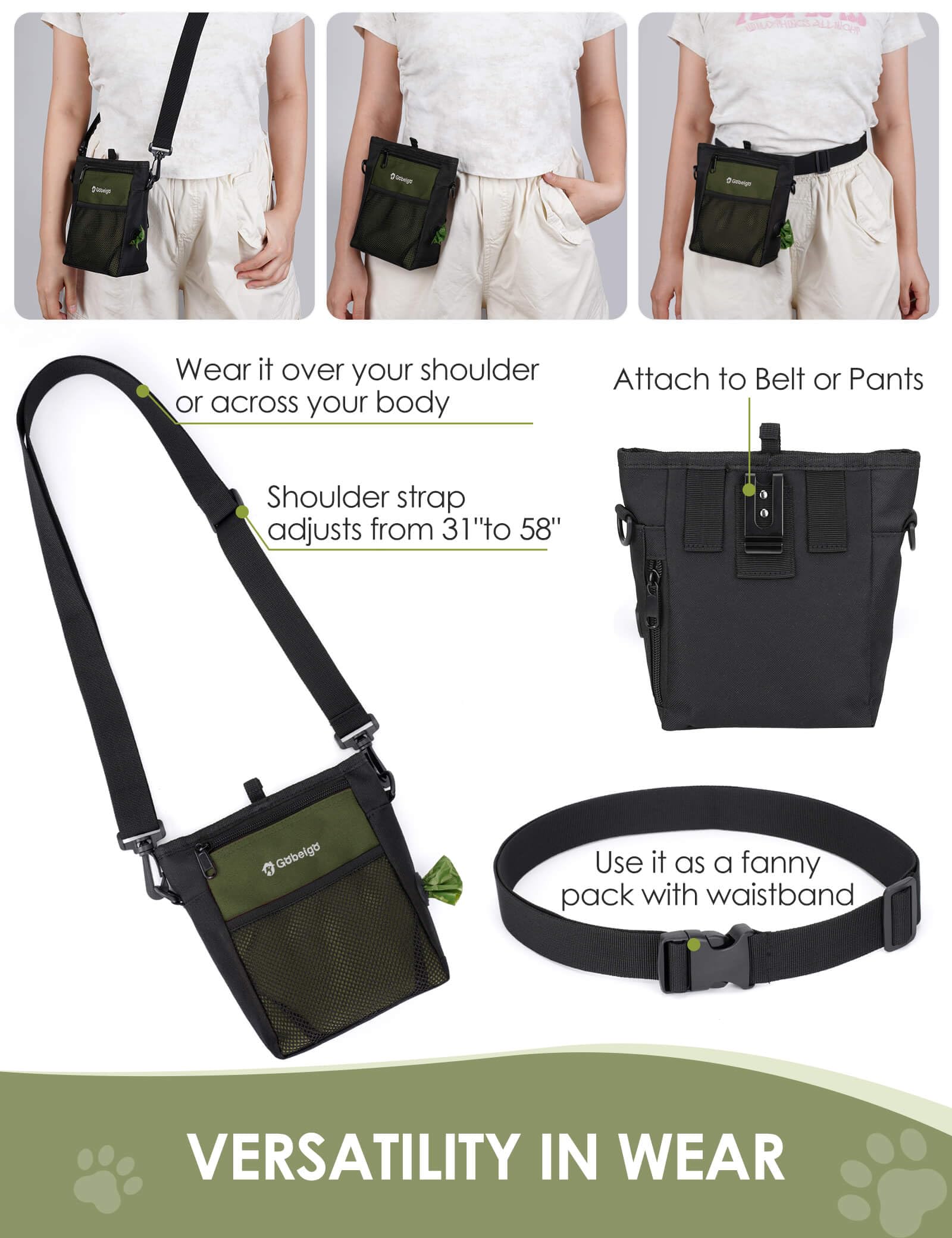 Side pocket with widened opening for easy access to poop bags on the go.