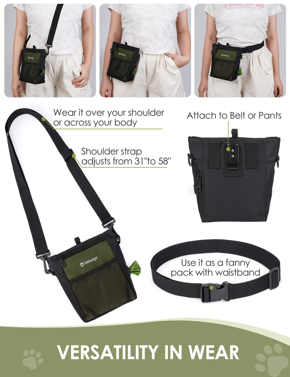 Side pocket with widened opening for easy access to poop bags on the go.