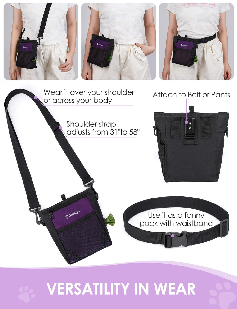 Gobeigo pouch featuring wide side pockets for poop bags and essentials.
