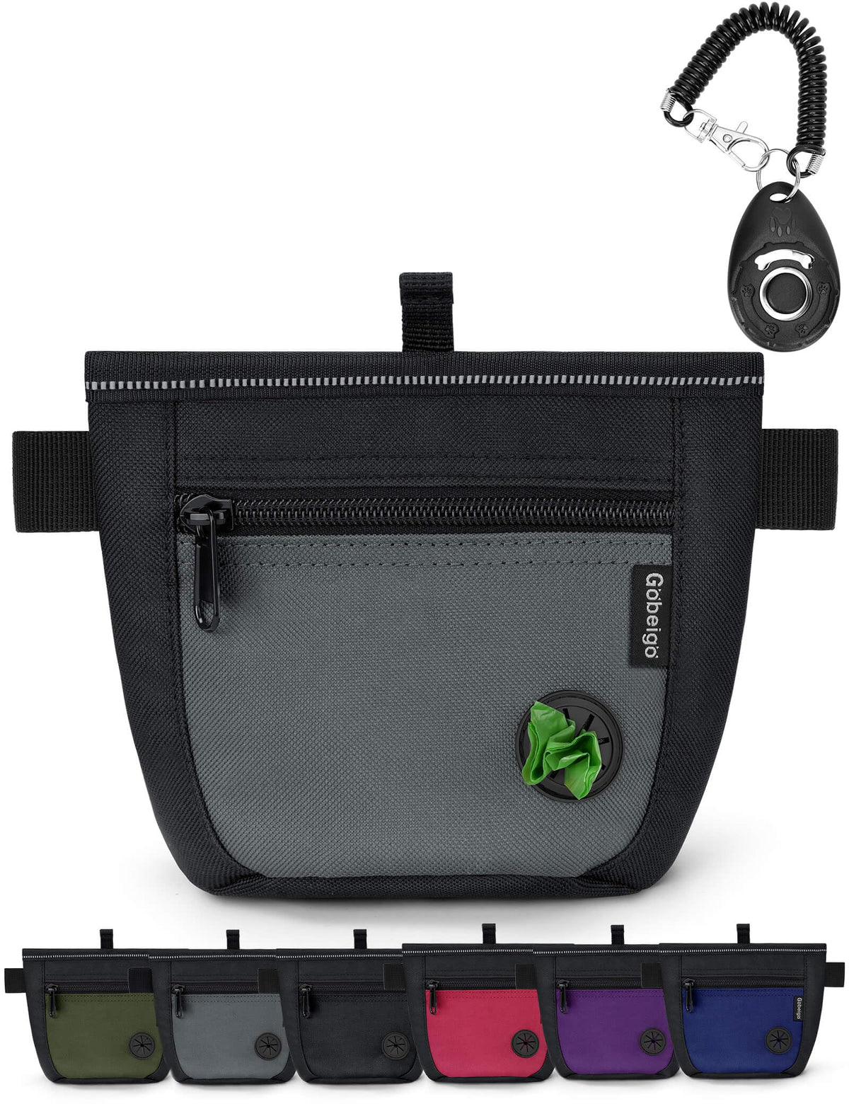 Gobeigo dog treat pouch with two-magnet closure prevents spills.