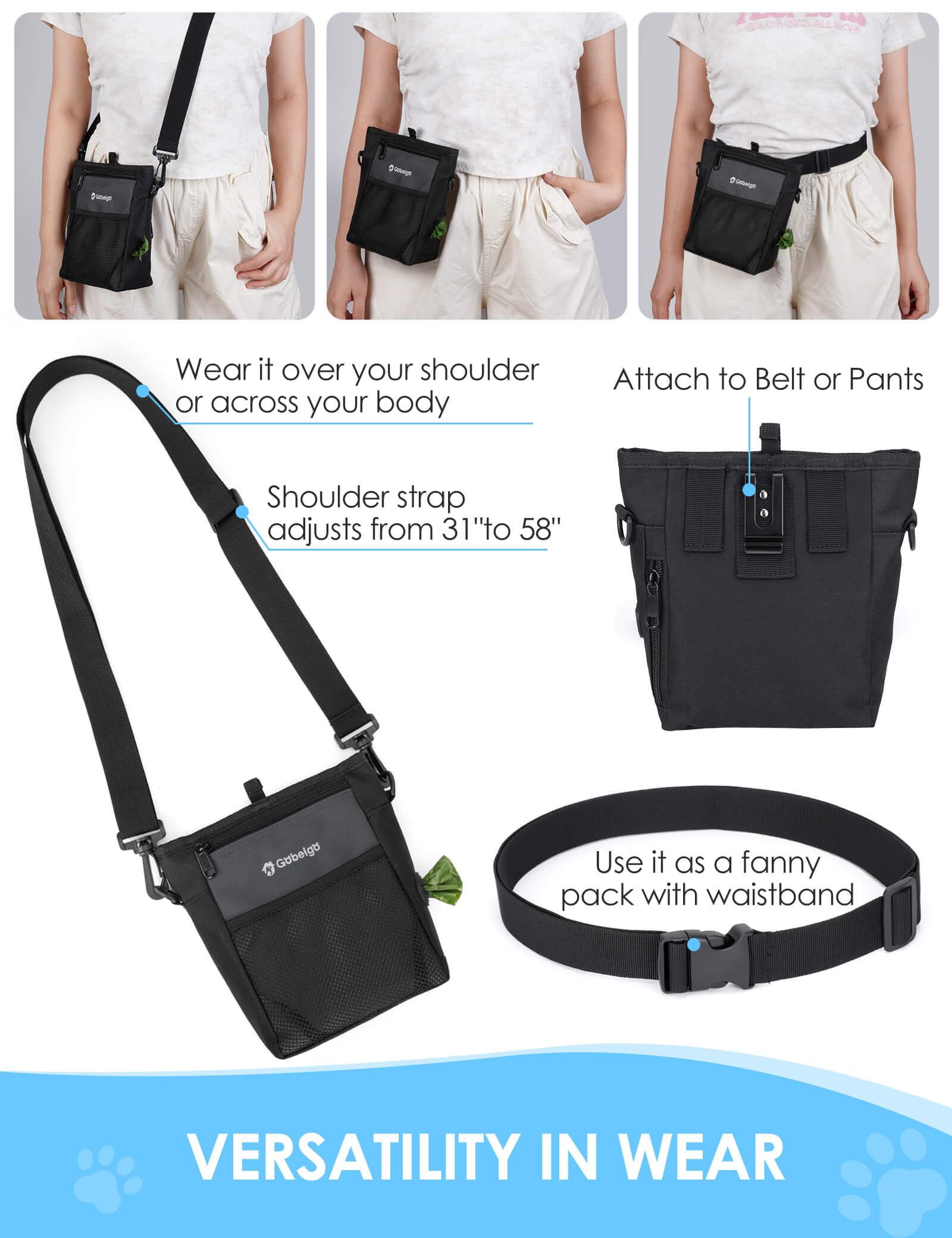 Gobeigo front pocket holding phone and keys during pet walk