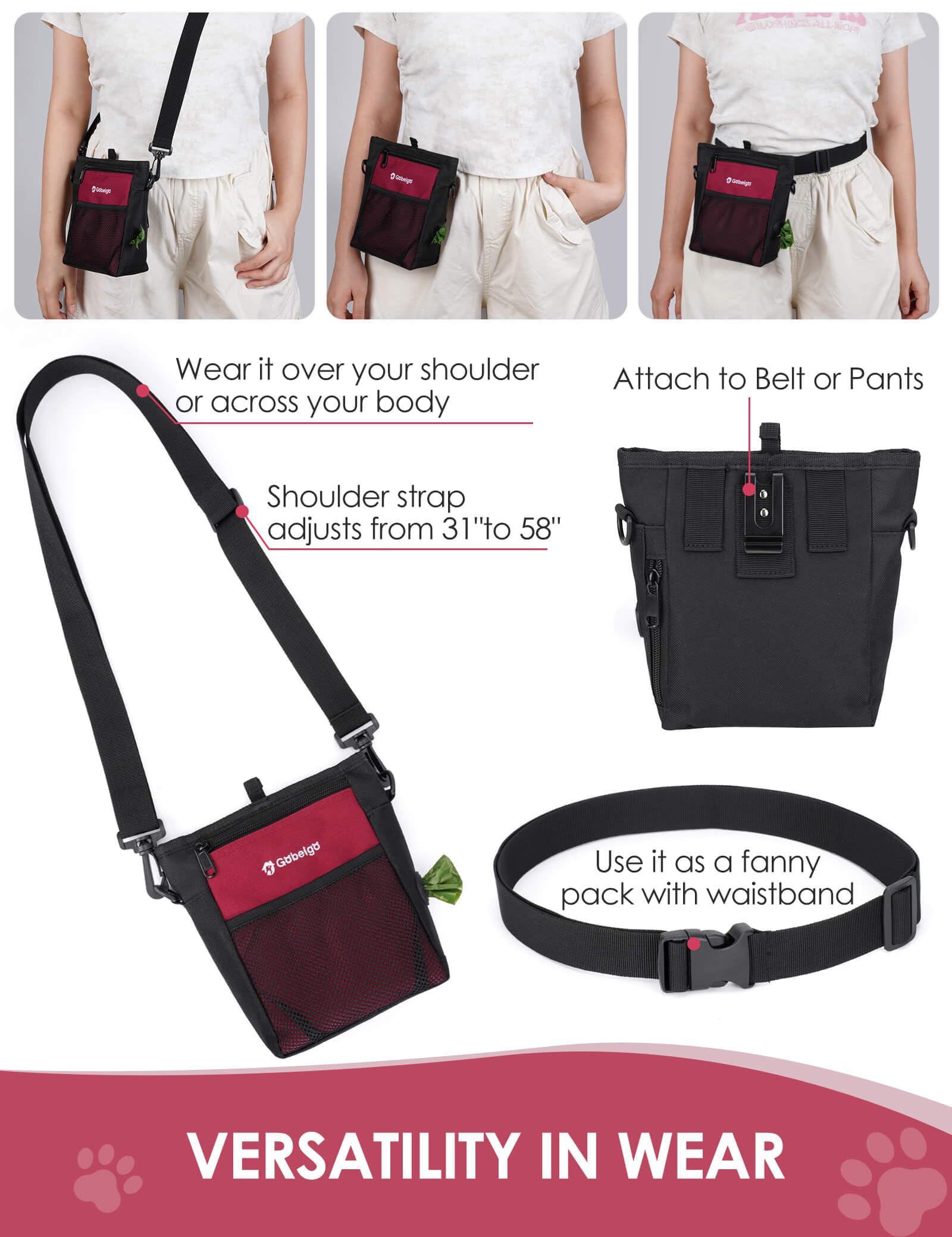 Gobeigo three-way wear options for belt clip, waist belt, or crossbody.