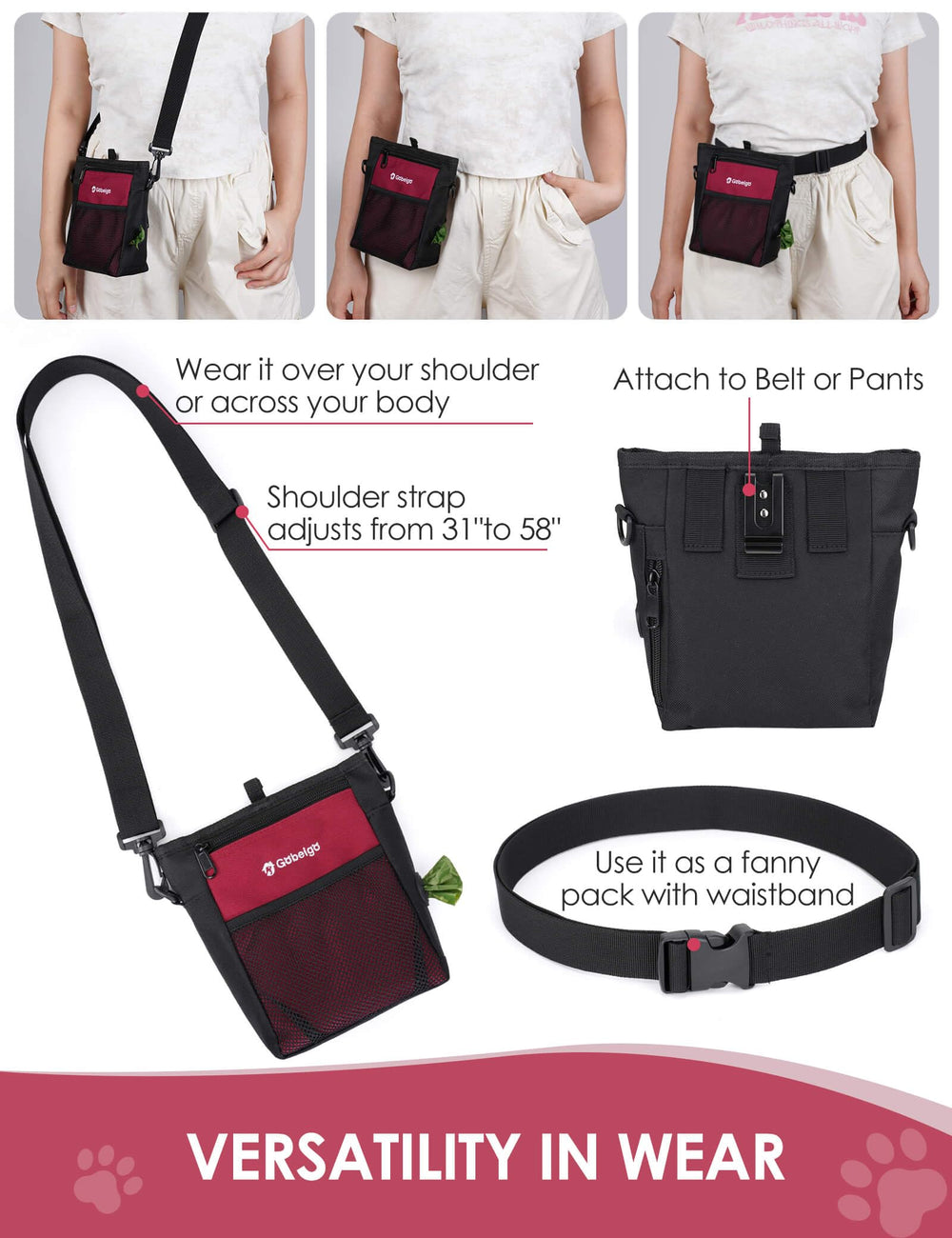 Gobeigo three-way wear options for belt clip, waist belt, or crossbody.