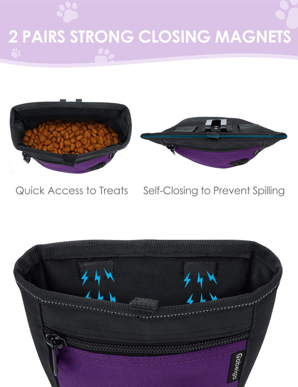 Gobeigo treat pouch holds 2 cups of food for longer, worry-free walks.