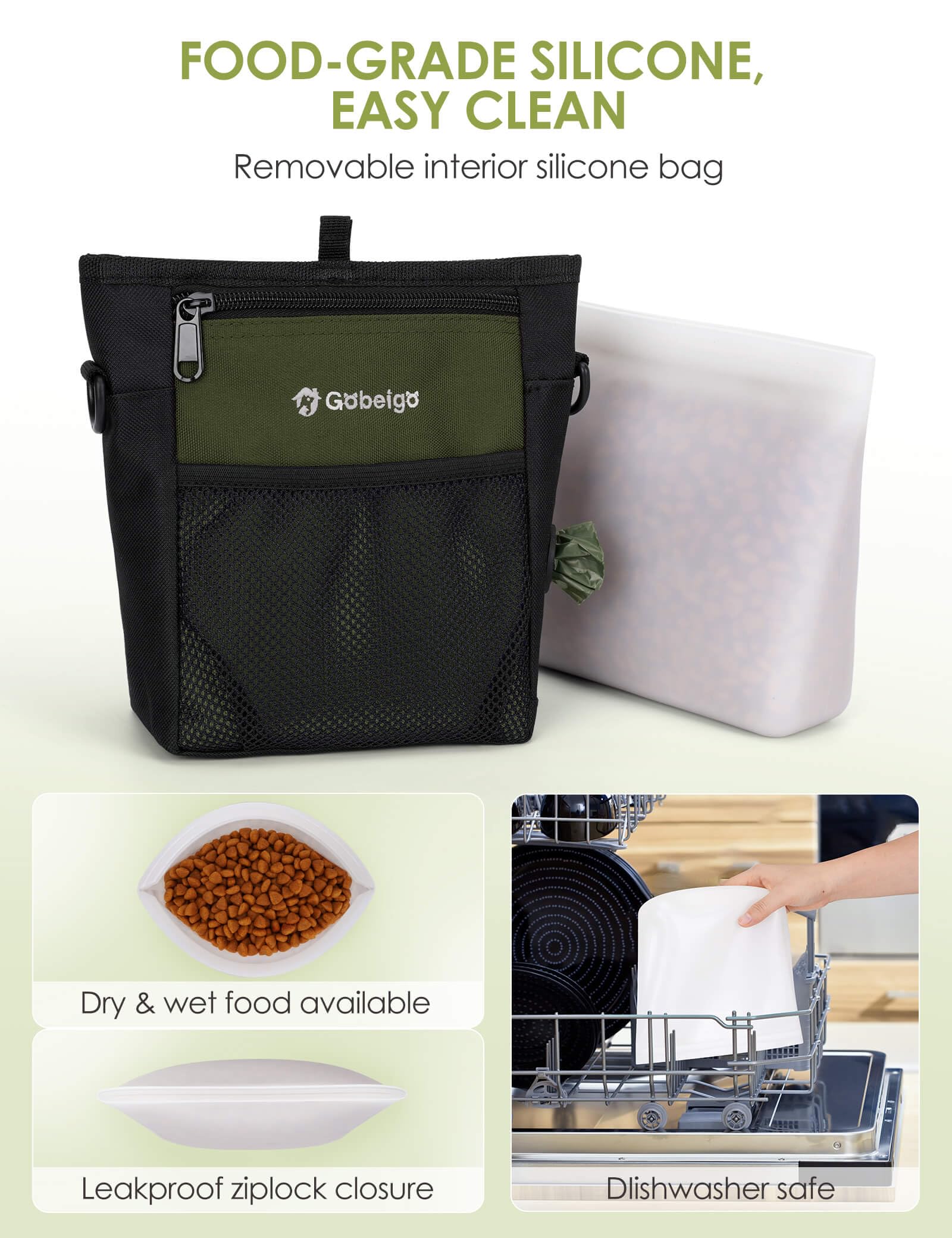 Inside silicone bag keeps treats fresh and mess-free while training anywhere.