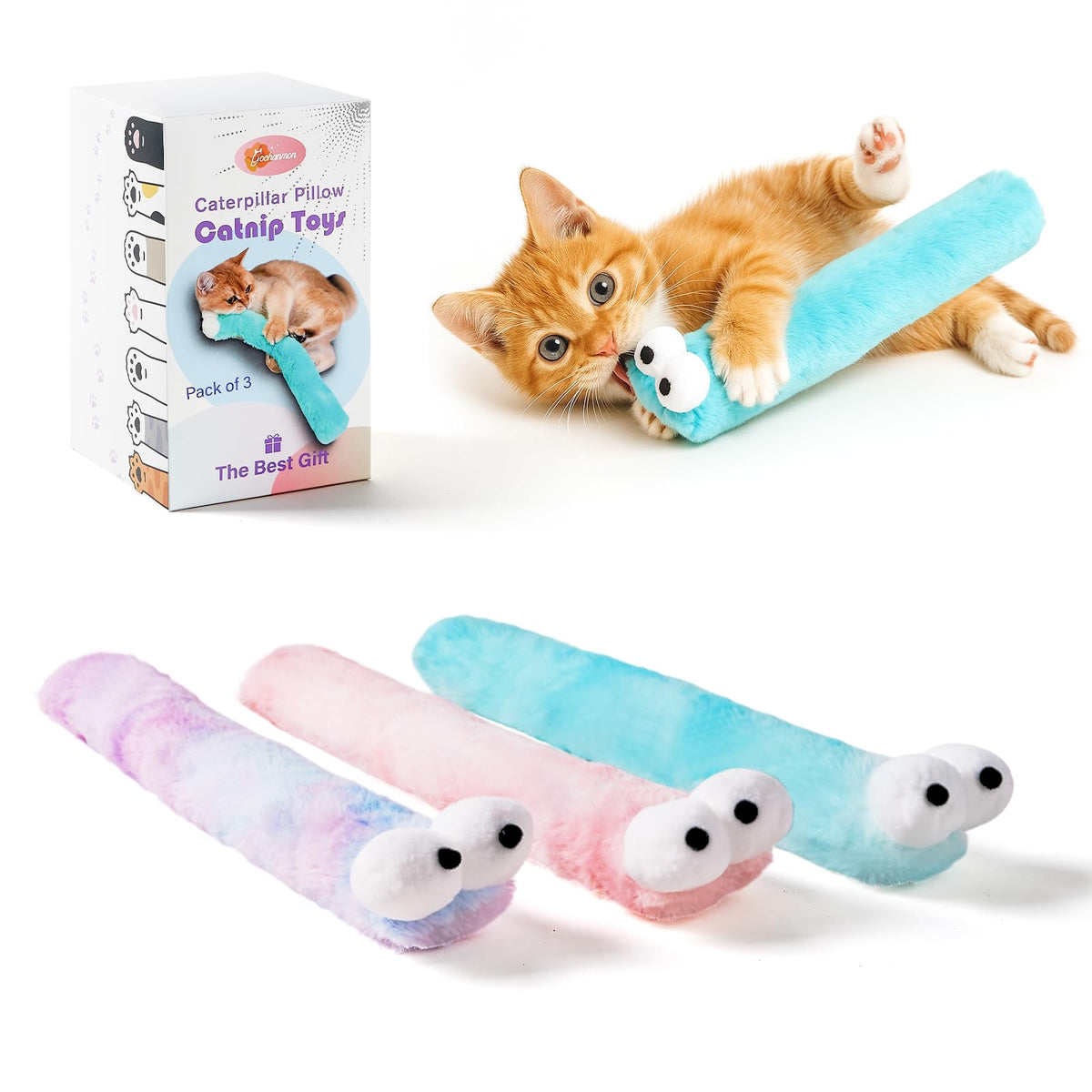 Gochanmon caterpillar-shaped cat toy for interactive play and fun