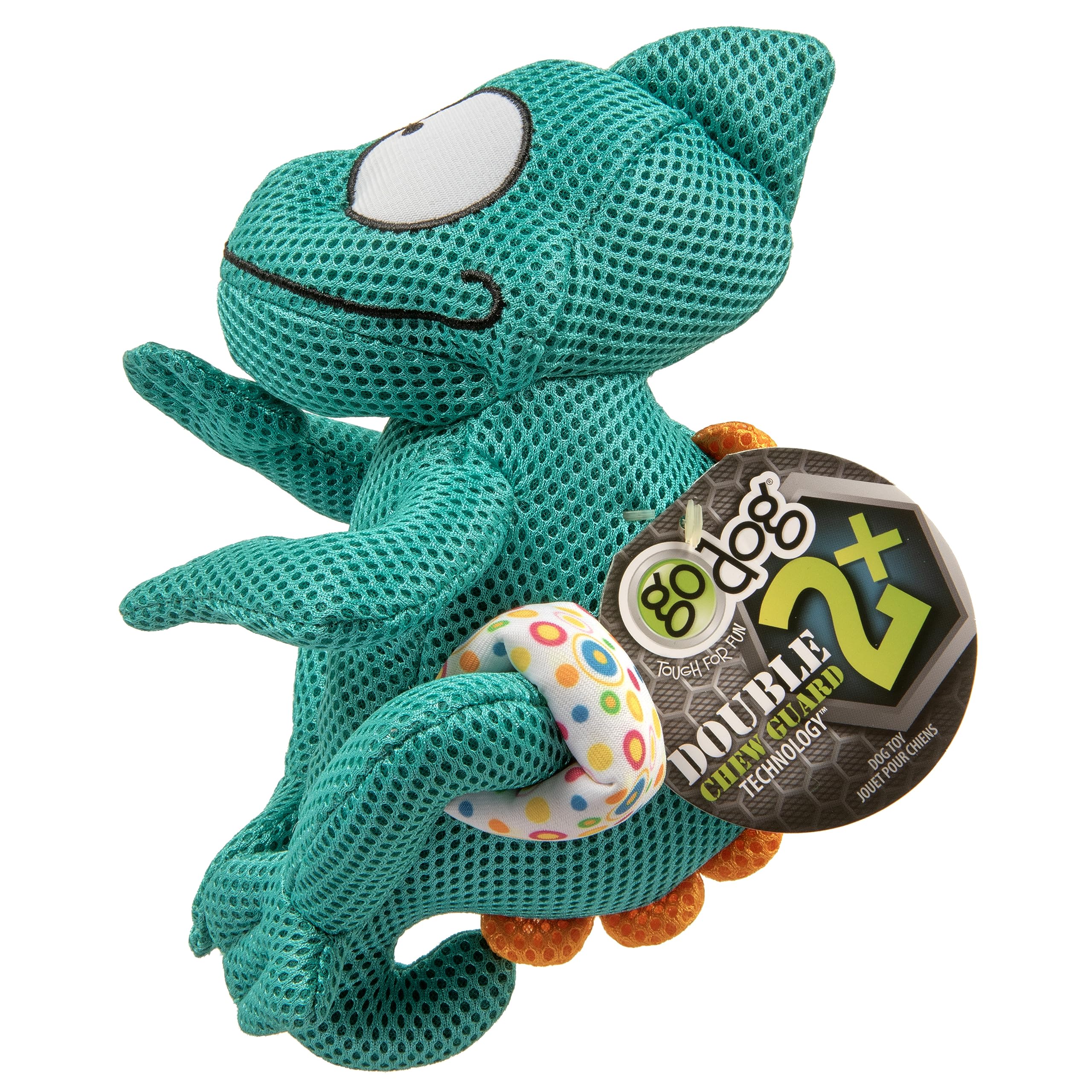 GoDog Amphibianz chameleon teal 30-day replacement eligible plush toy for dogs.