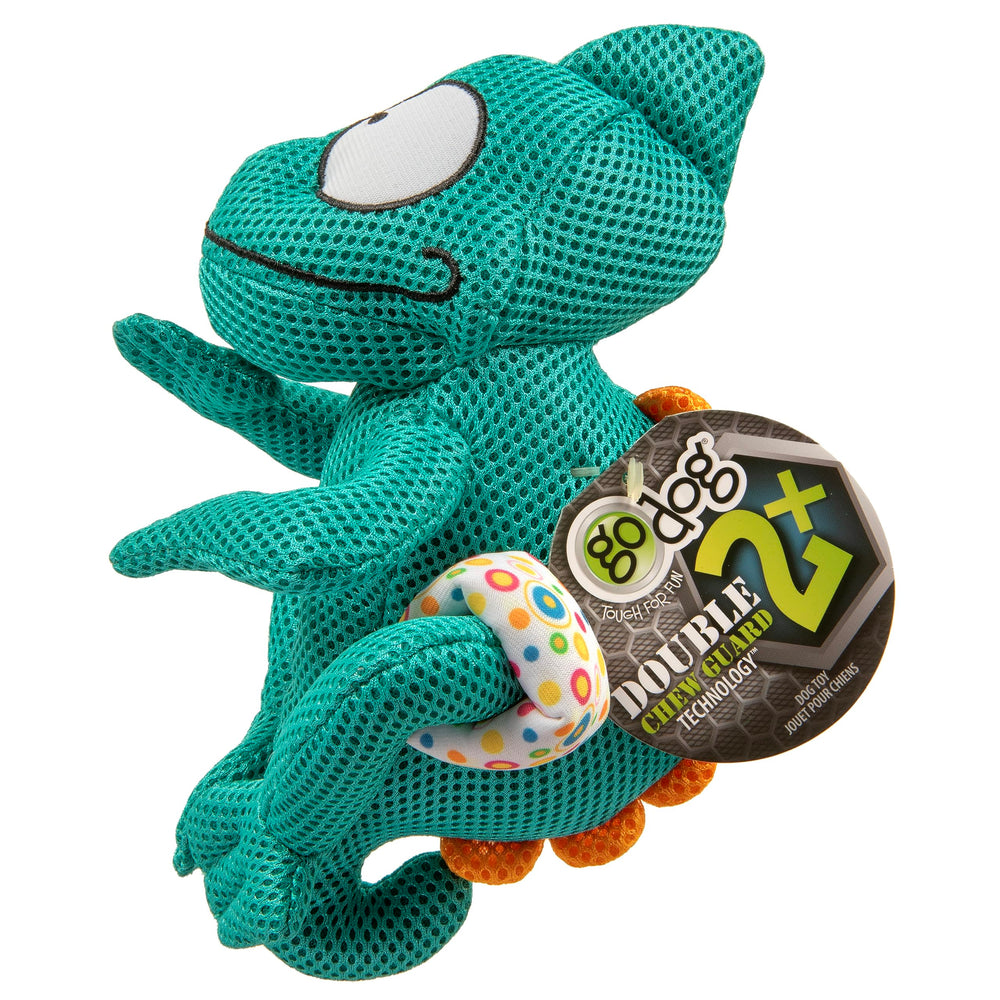 GoDog Amphibianz chameleon teal 30-day replacement eligible plush toy for dogs.