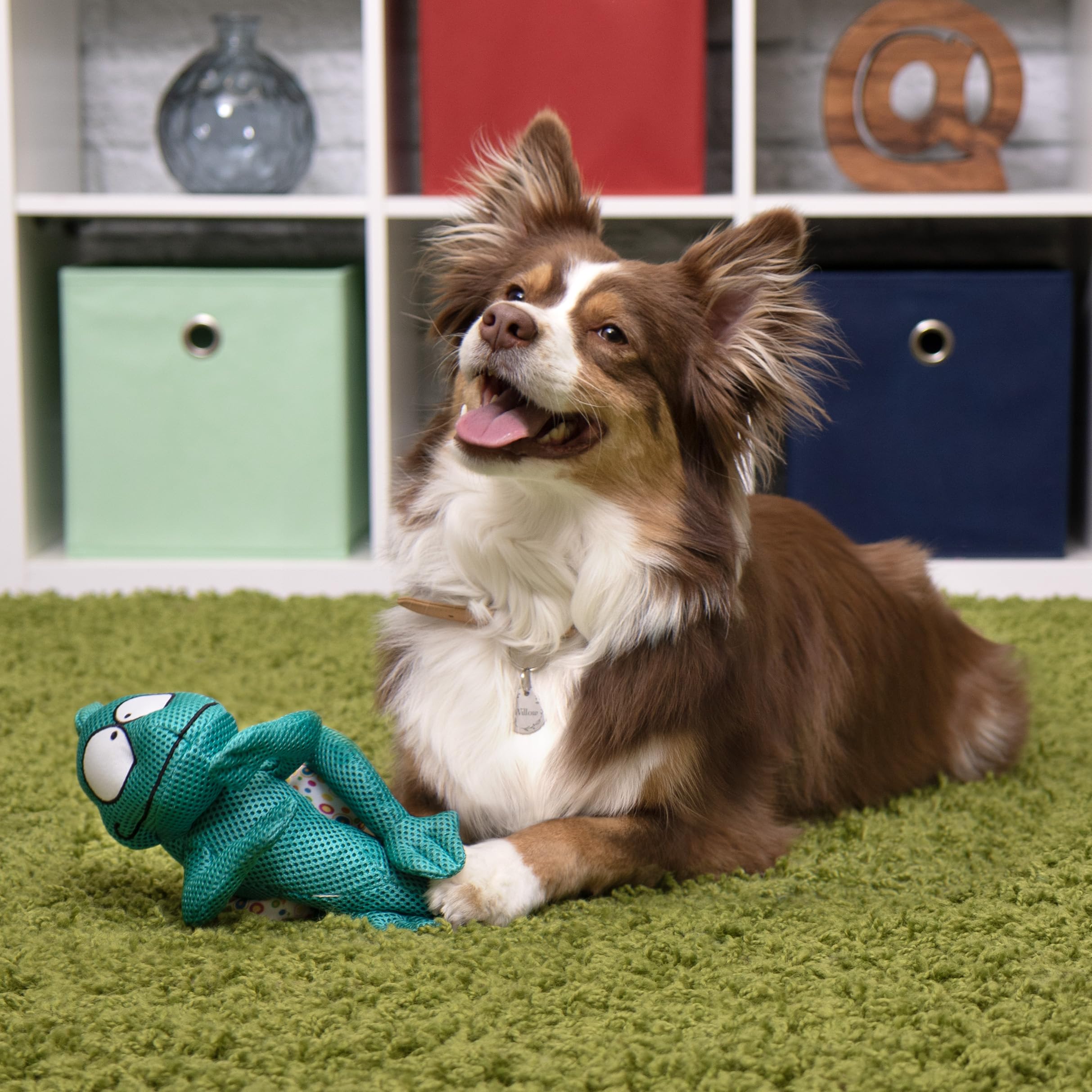 GoDog Amphibianz chameleon teal durable plush designed for chewing and tossing.