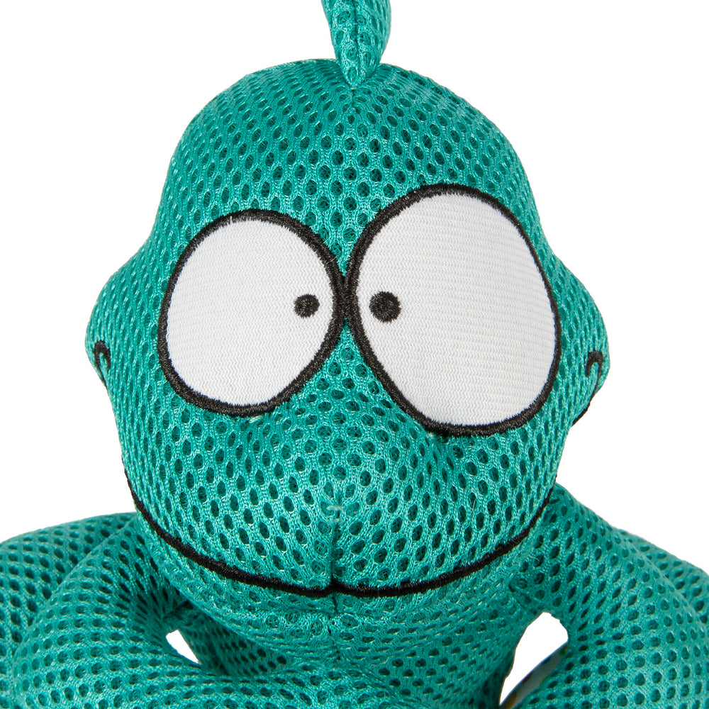 GoDog Amphibianz chameleon teal squeaker toy to engage dogs during chews.