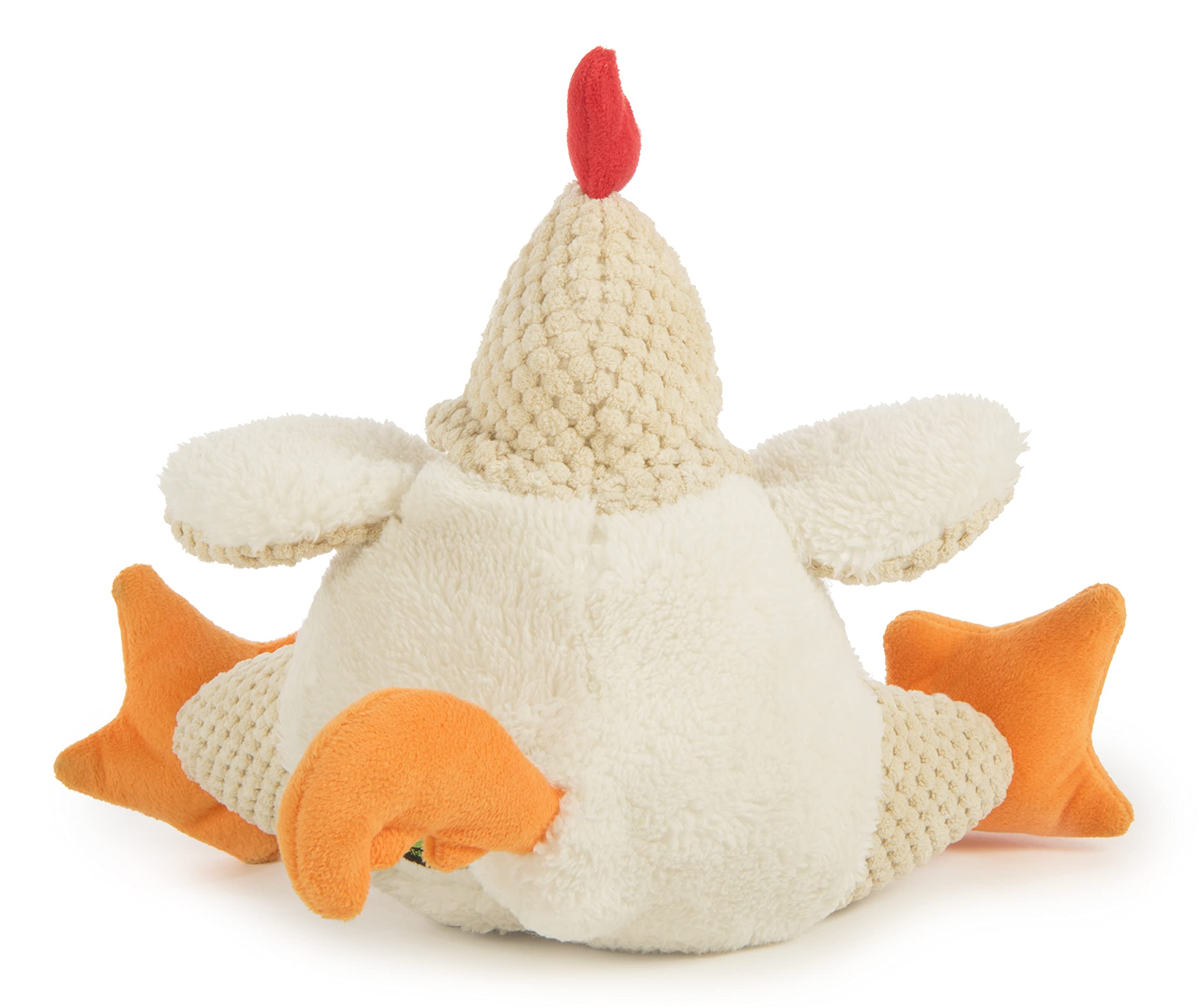 GoDog Fat Rooster white plush supports enrichment through responsive squeaks.