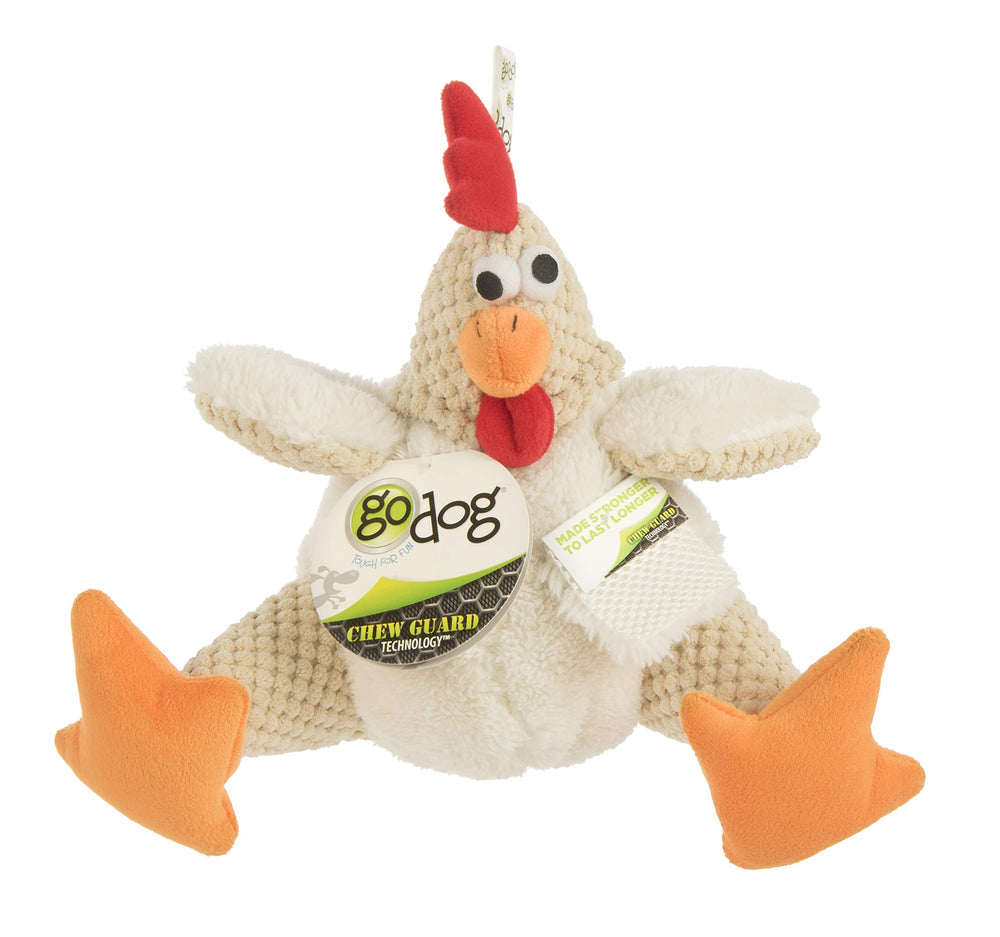 Reinforced seams on GoDog Fat Rooster white toy extend durability.