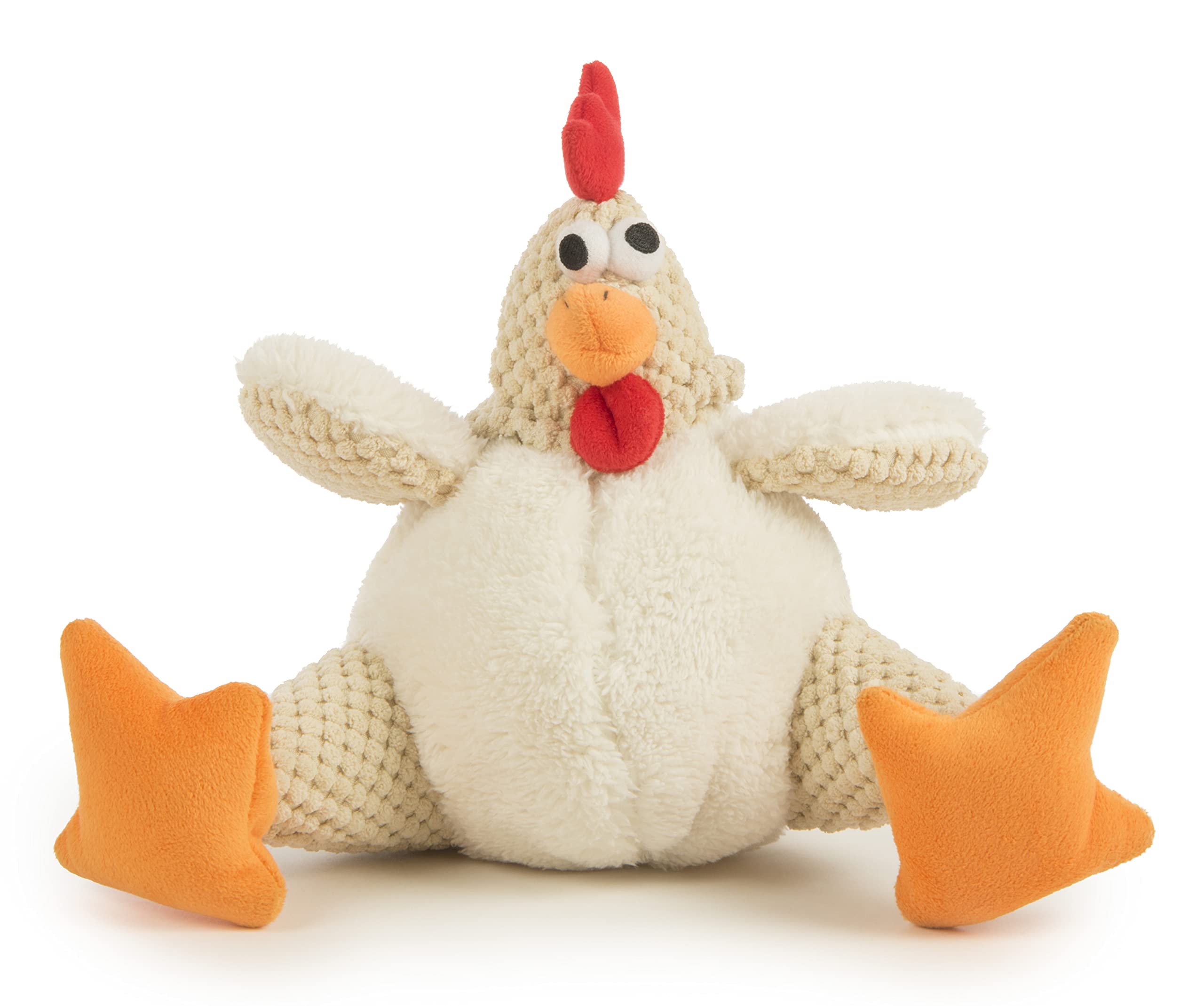 GoDog Fat Rooster squeaky toy, white, front view, invites interactive play.