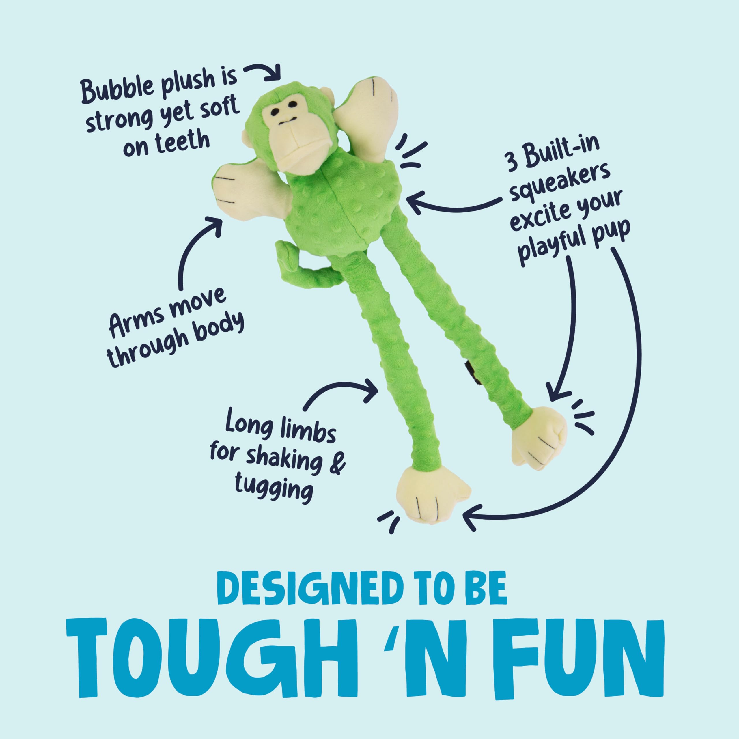 GoDog Crazy Tugs Monkeys squeaky toy dog face view emphasizes tug-friendly design