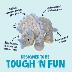 GoDog Dinos Frills bubble‑plush fabric provides unique texture dogs love.