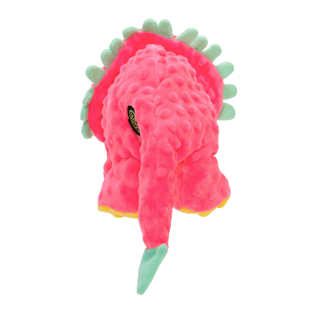 goDog Dinos Frills built-in squeaker adds engaging sound.