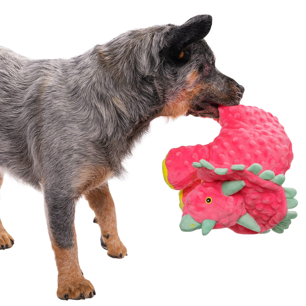 goDog Dinos Frills soft bubble plush enhances comfort during fetch.