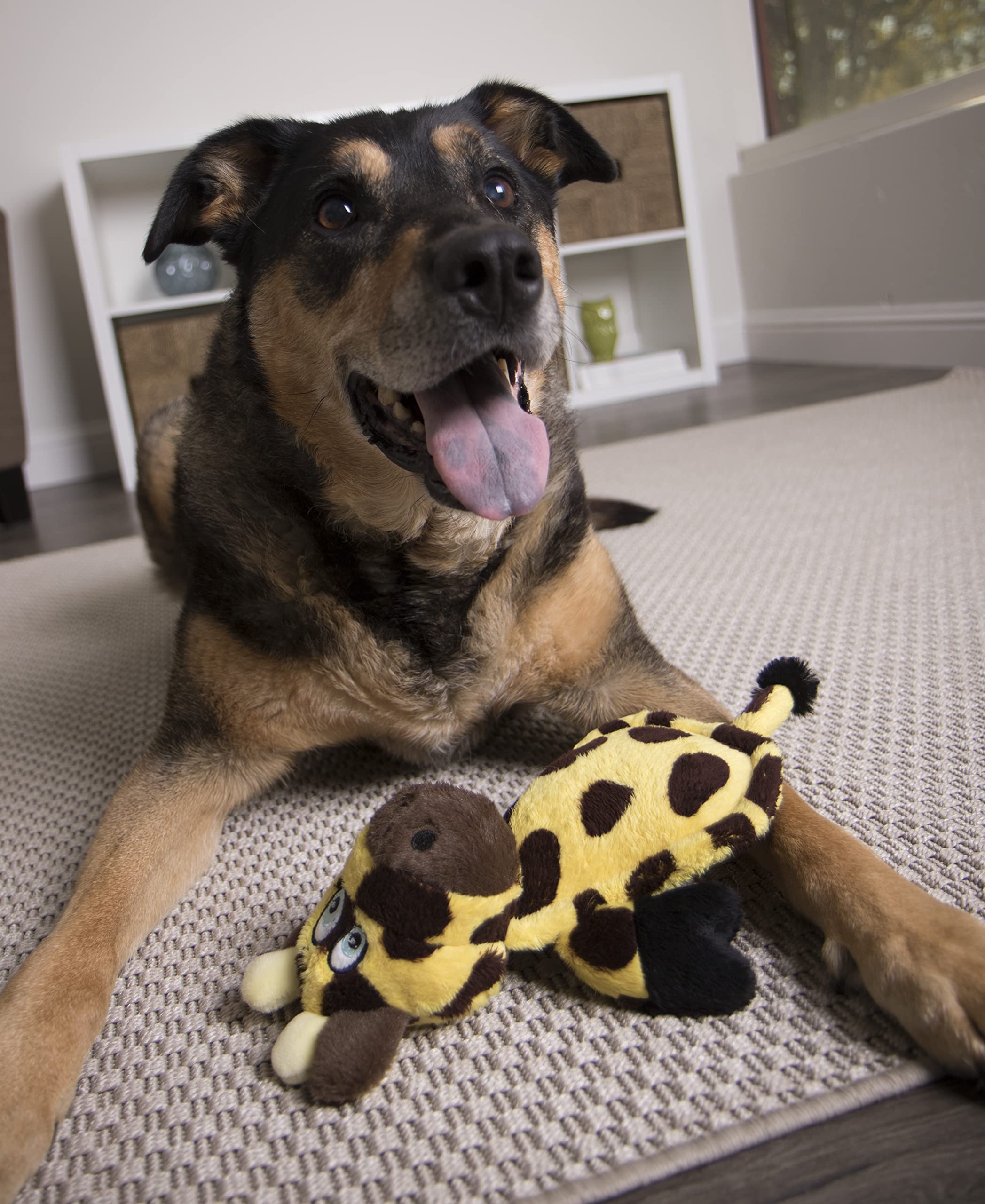 GoDog Flattie Giraffe silent squeaker toy for office and movie nights