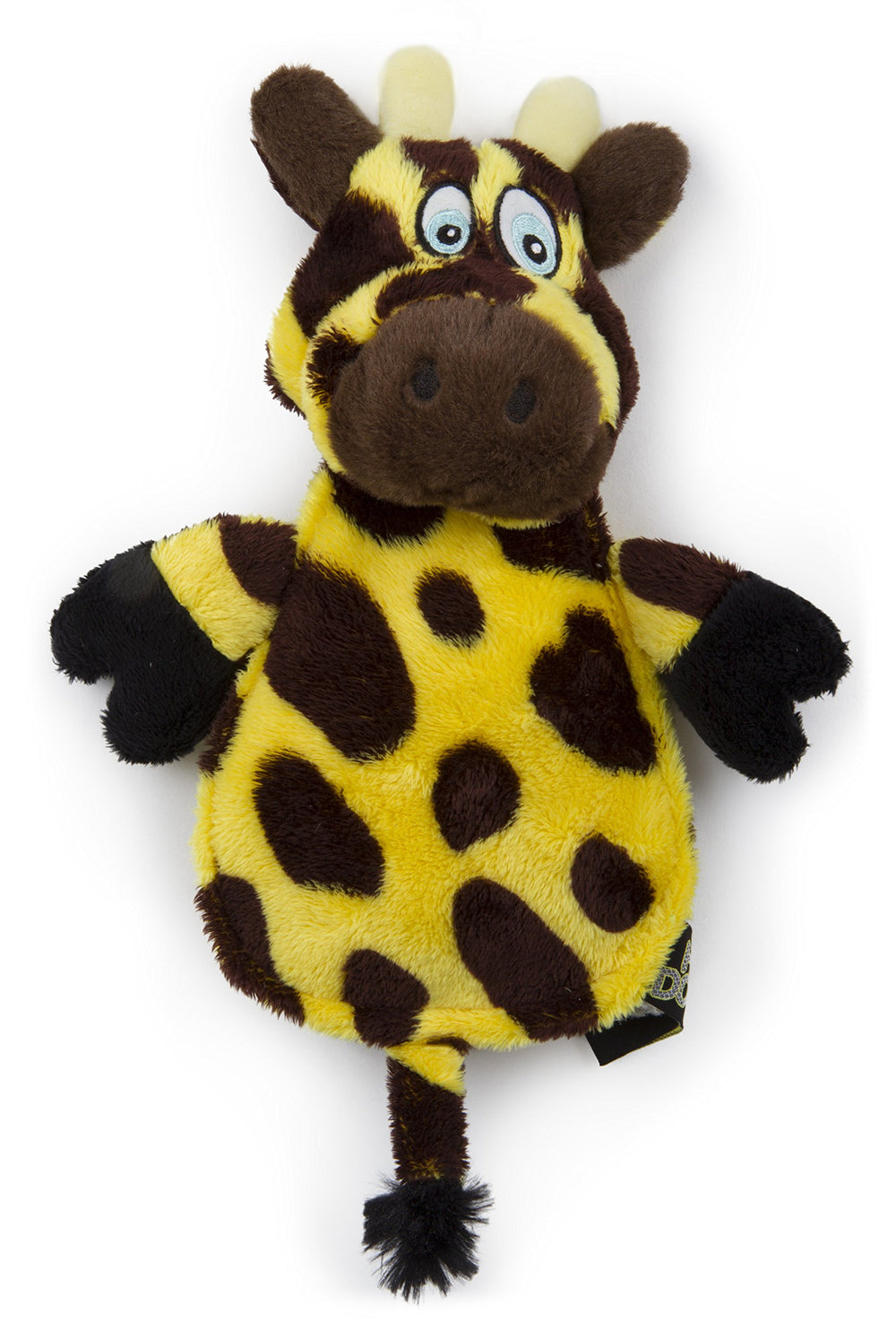 GoDog Flattie Giraffe silent squeaker toy in yellow and brown for peaceful indoor play