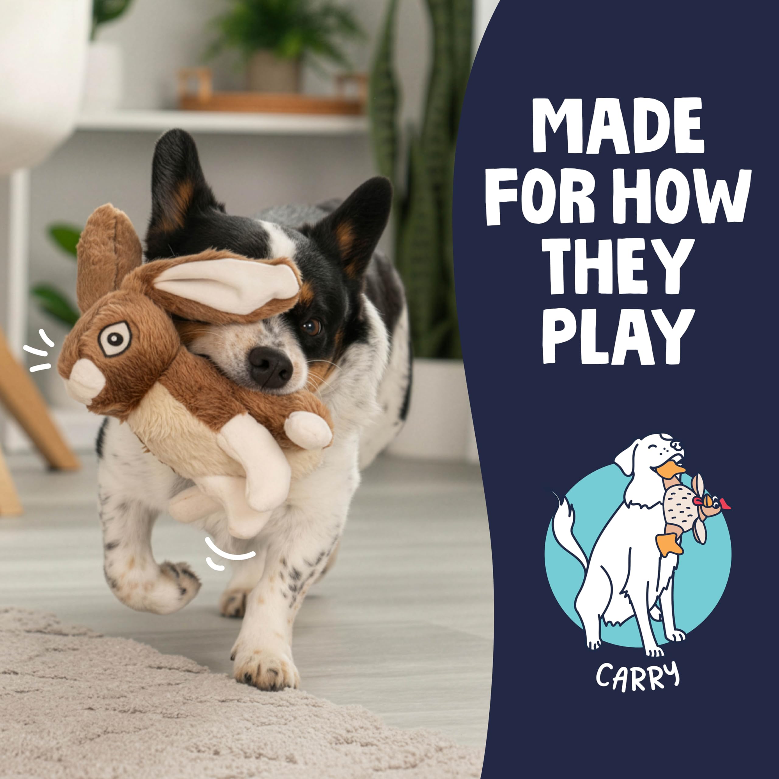 GoDog Wildlife Rabbit Squeaky Plush Toy with built-in squeaker for motivating interaction