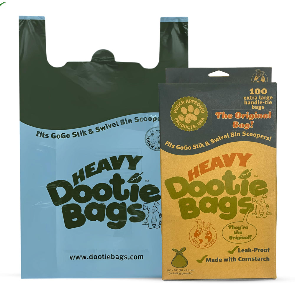 Gogo Stik heavy-duty dootie bags in a dispensing box for quick waste disposal.