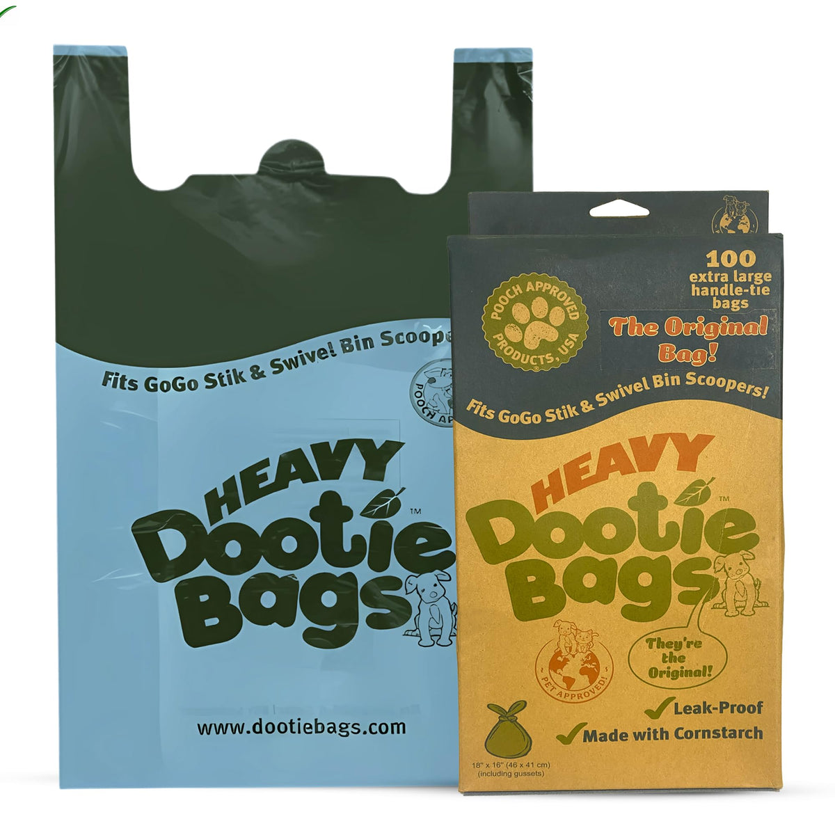 Gogo Stik heavy-duty dootie bags in a dispensing box for quick waste disposal.