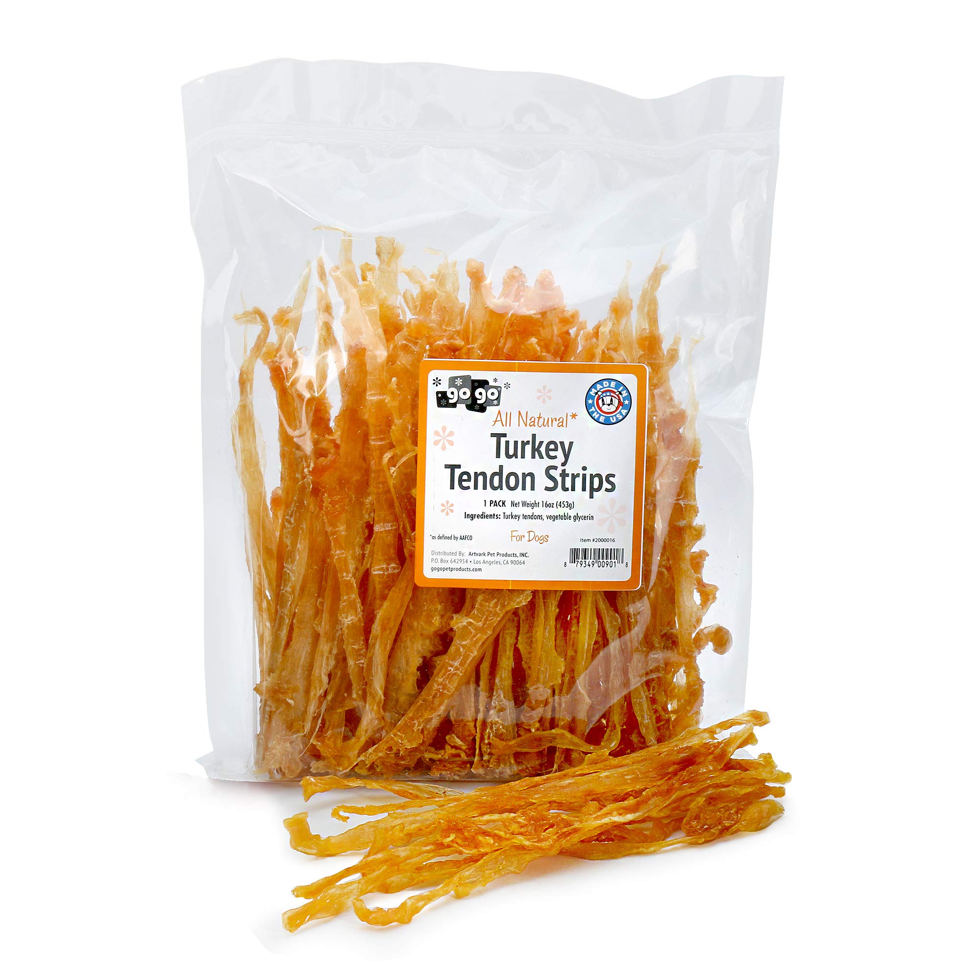 GOGO Turkey Tendon Strips close-up; chewy texture for satisfying chews.