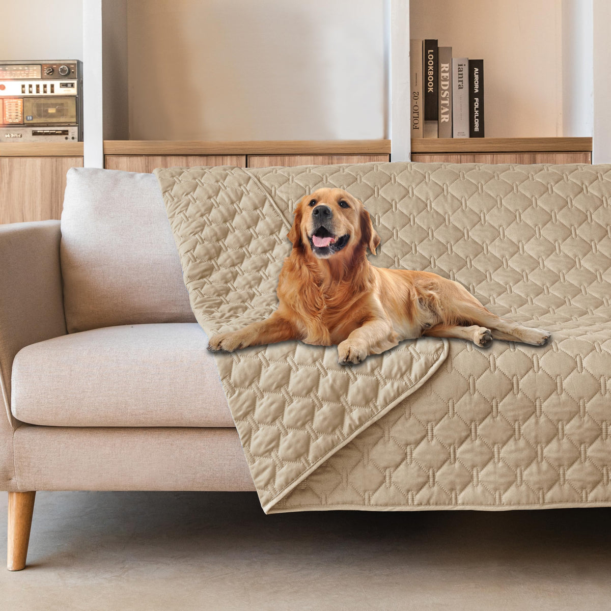 Gogobunny 3X Stronger Waterproof Pet Blanket on sofa protecting upholstery from scratches and spills.